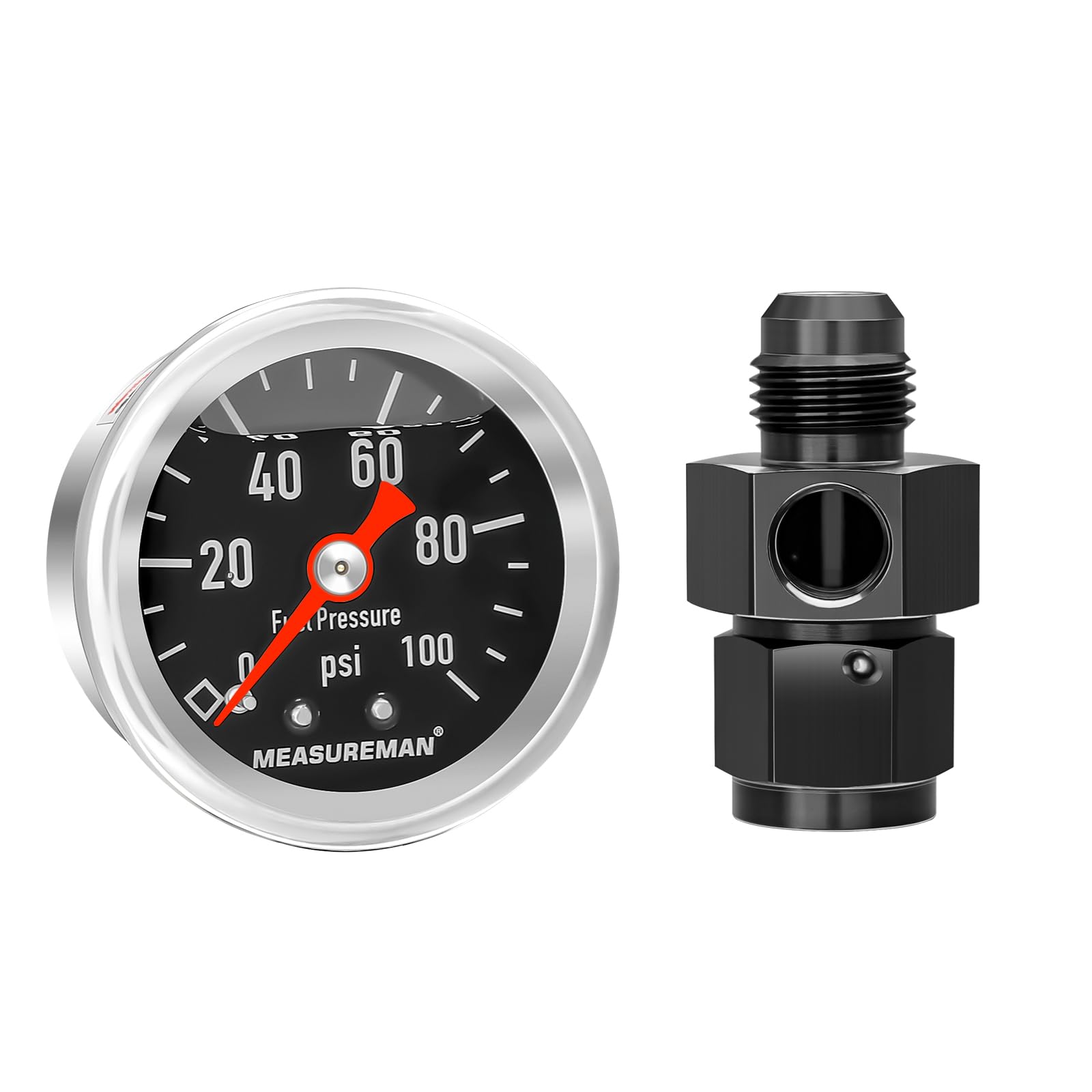 Measureman 0-100Psi Stainless Steel Glycerin Filled Fuel Pressure Gauge, 1-1/2'' Black Dial, With 6An Fuel Pressure Take Off Fit