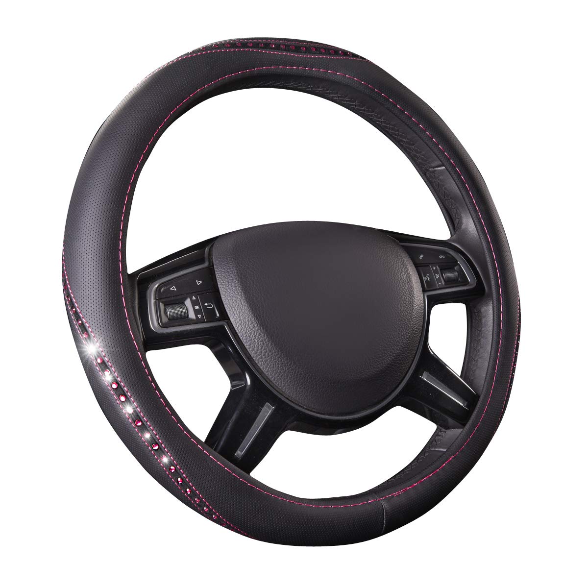 Car Pass Bling Diamond Leather Steering Wheel Cover, Studded Crystal Rhinestones Universal Fit 14'' 1/2-15'' Crystal Glitter For
