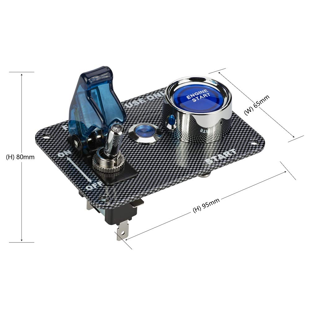 Jtron DC12V Racing Car Ignition Switch Panel - Carbon Fiber Rocking Switch & Engine Start Button with Blue Indicator Light