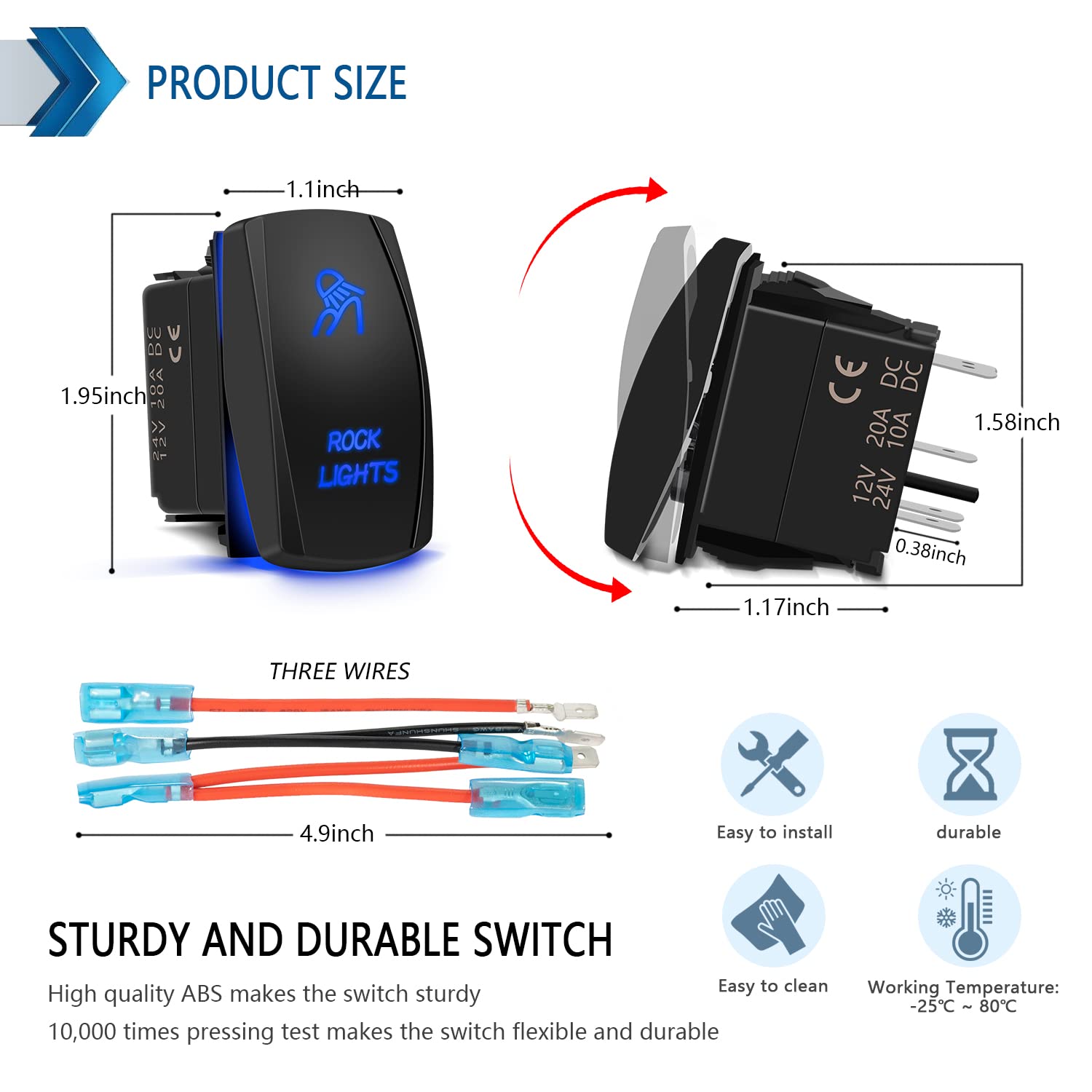 Rock Lights Rocker Switch 5Pin Laser On/Off Blue Led Light 20A/12V 10A/24V Toggle Switch With Jumper Wires Set For Automotive Bo