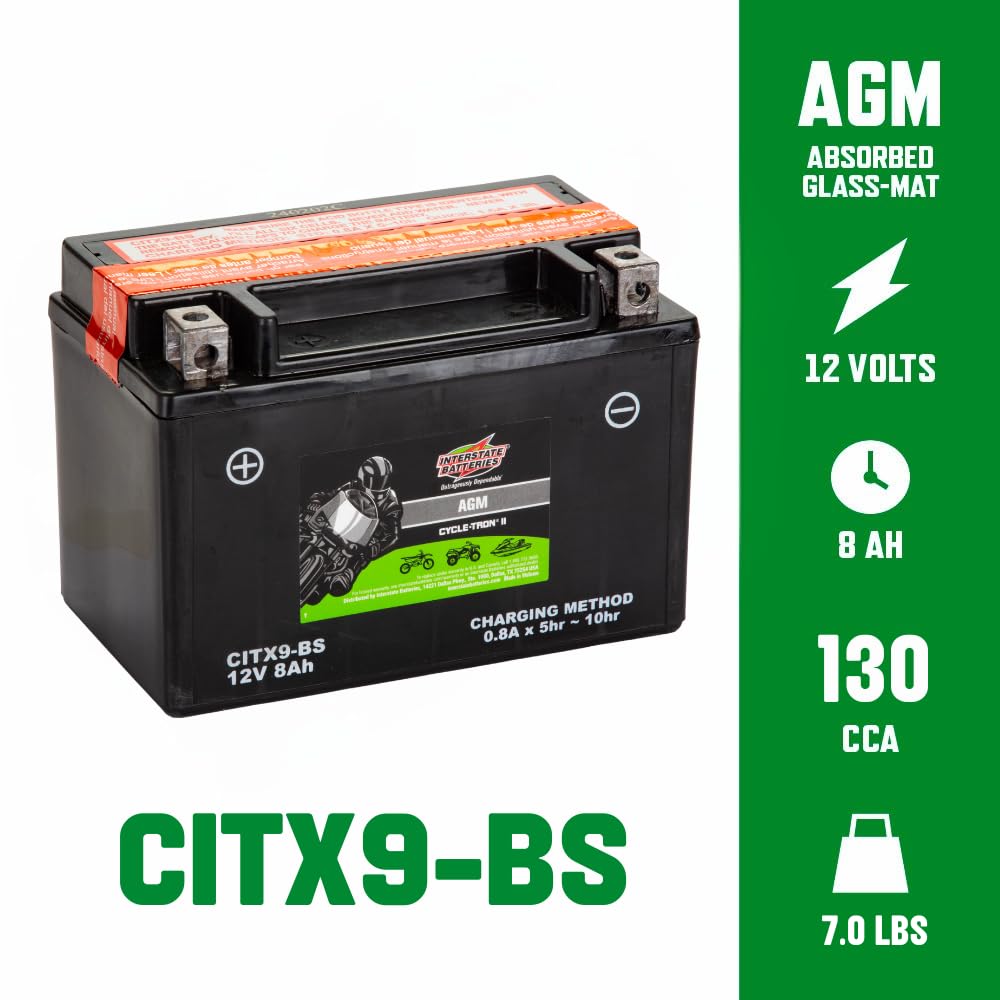 Interstate Batteries YTX9-BS 12V 8Ah AGM Motorcycle Battery Replacement for BMW, Honda, Kawasaki, ATVs, Scooters