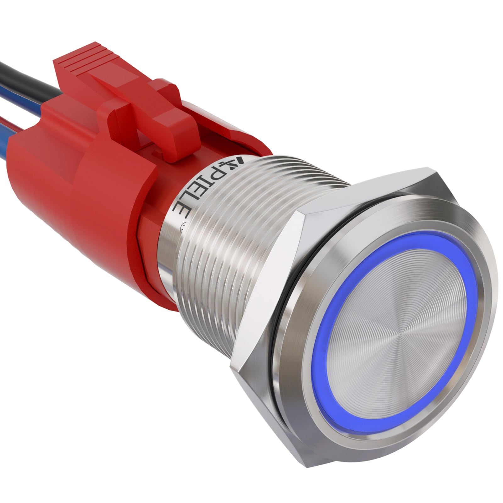 Apiele 10 Amp 19Mm Latching Push Button Switch 12V Spst Led Waterproof Round Self-Locking 1No (Silver Stainless Steel, Blue)