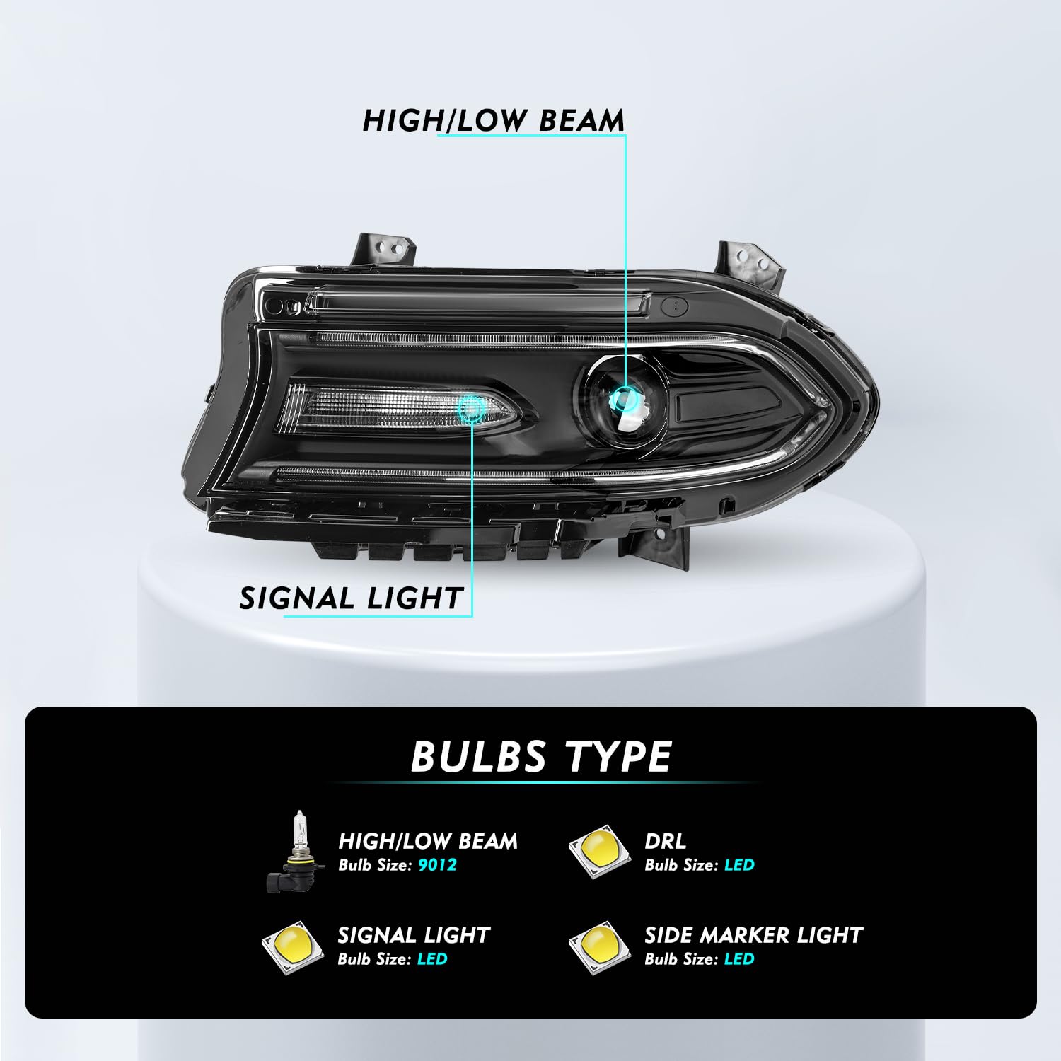 Tusdar Halogen Headlight Assembly Replacement For 2015 2016 2017 2018 2019 2020 2021 2022 Dodge Charger Projector Headlamp W/Led Drl Left/Driver Side