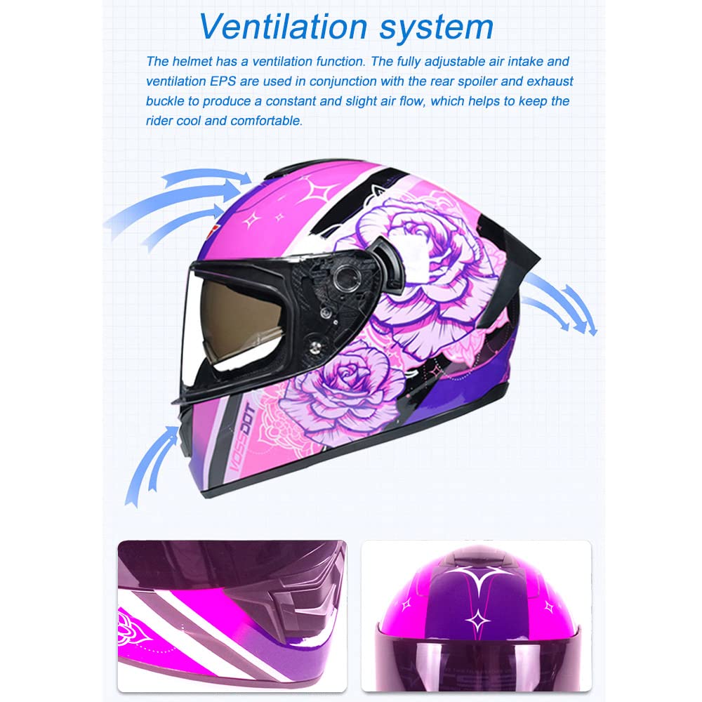TRIPERSON Full Face Motorcycle Helmet DOT Approved, Large, Rose Color Mirror, ABS Material for Men and Women