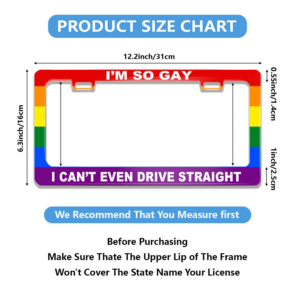 Funny License Plate Frame with Humor Text Gay Pride Rainbow Flag I'm So Gay I Can't Even Drive Straight Stainless Steels Black C