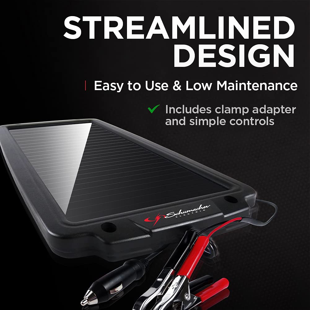 Schumacher SP-200 2.4W Solar Battery Maintainer - Water Resistant for Motorcycles, Cars, RVs - Black