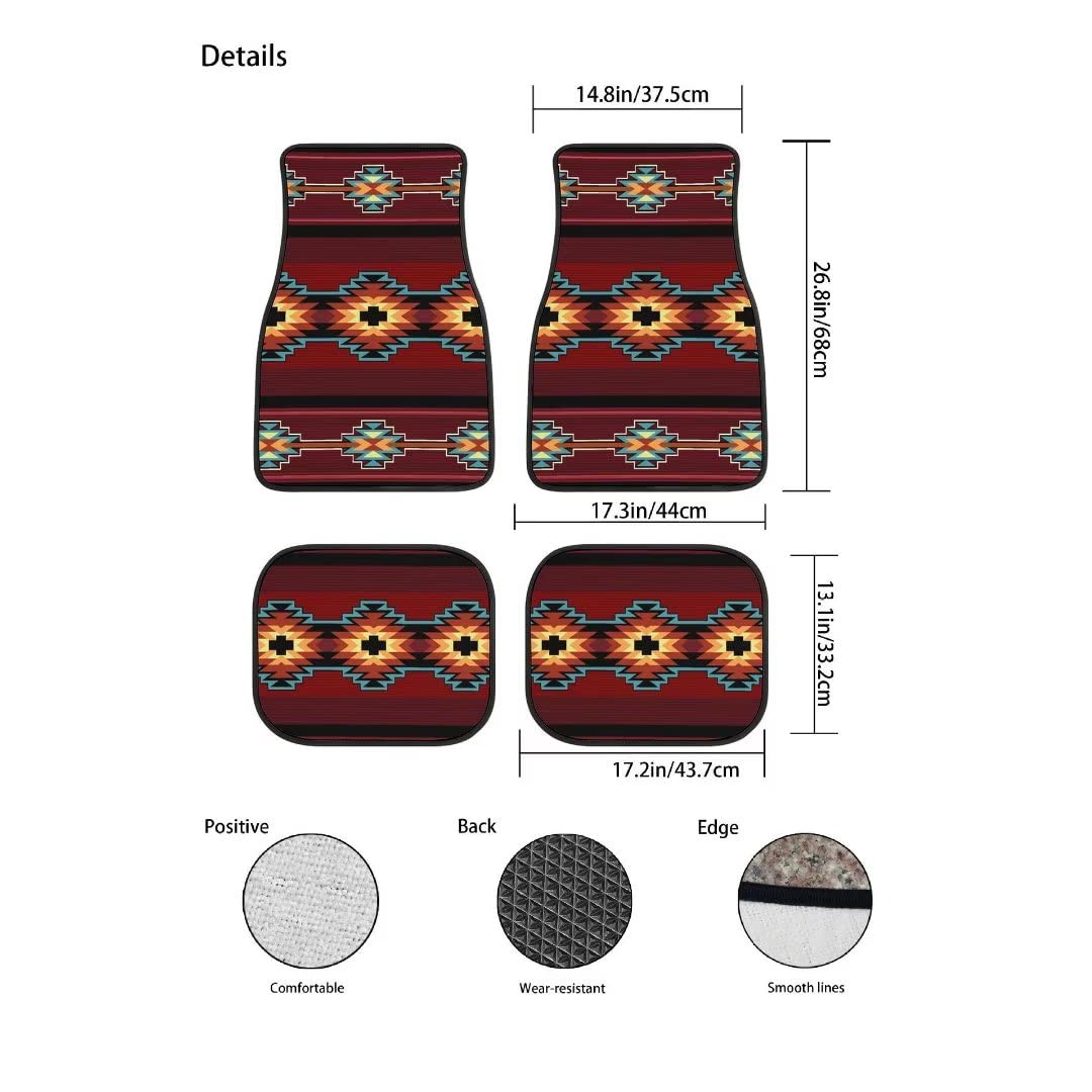 LONSANT Aztec Car Floor Mats Set of 4,Southwest Native American Tribal Aztec Navajo Striped Red Print Vehicle Front Rear Car Flo