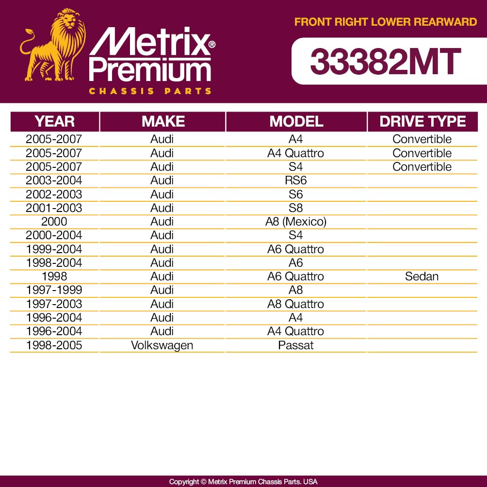Metrix Premium Chassis Parts - Front Right Lower Rearward Control Arm W Ball Joint & Bushing Assembly Fits 05-07 Audi A4, 05-07