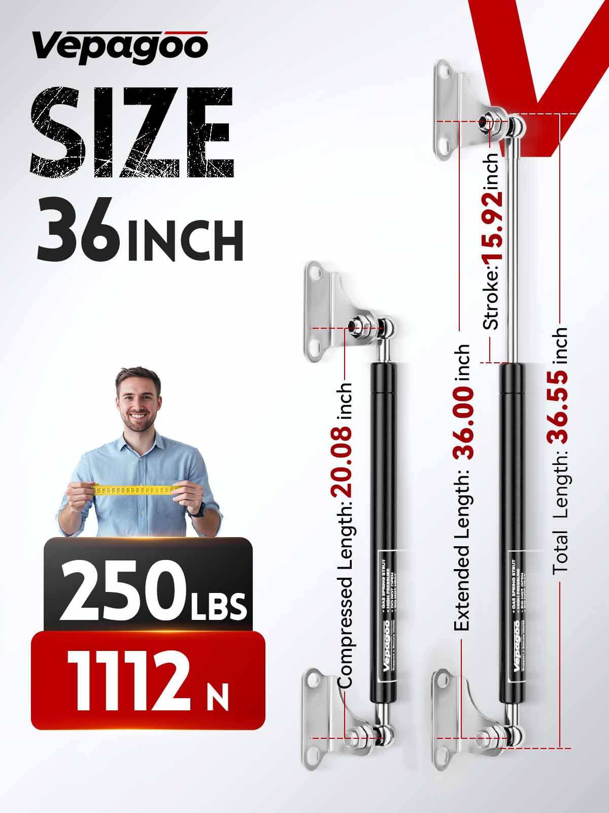 Vepagoo 36 Inch 250Lb/1112N Gas Struts Shock Spring With Mounting Brackets, Lift Supports For Rv Bed Heavy-Duty Lid Box Trailer