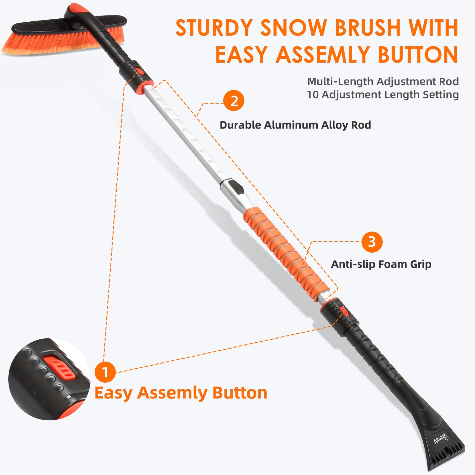 AstroAI Ice Scraper & Extendable Snow Brush - 47.2" Medium, Orange, Foam Grip, 360° Pivoting Head for Cars, SUVs, Trucks