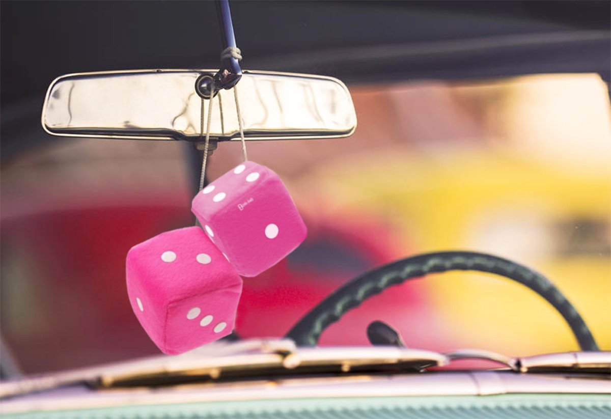 Zento Deals Pair of 3 inch Square Hot Pink Hanging Fuzzy Plush Dice with White Dots for Car Interior Cute Ornament Decoration Re