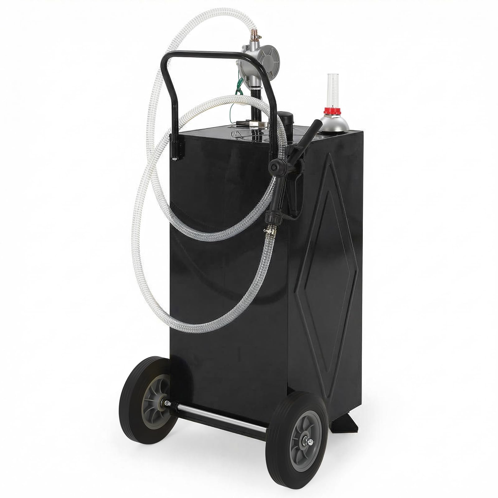 35 Gallon Fuel Gas Caddy Storage Tank, Portable Gas Caddy with Wheels, Manual Rotary Transfer Pump, Fuel Hose, Wide Fill Opening