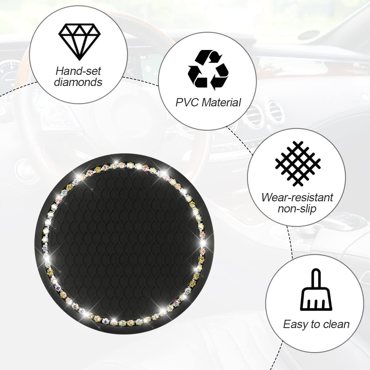 Car Cup Holder Coaster, 2 Pcs Universal Bling Crystal Rhinestone Car Accessories 2.75 Inch Auto Anti Slip Cup Holder Insert Mat Pad Set,Suitable For Most Car Interior (Ab Color)
