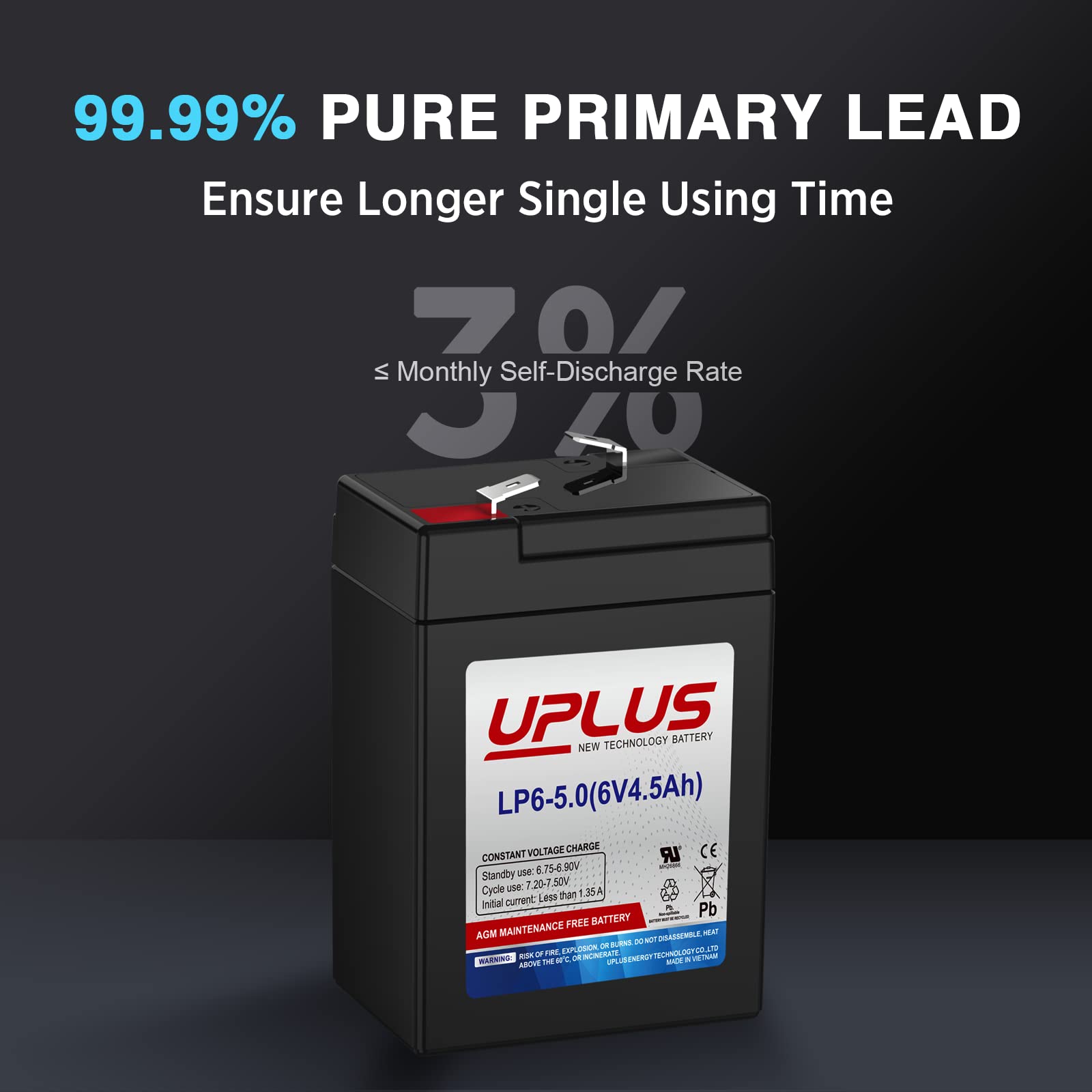 UPLUS Rechargeable 6V 4.5Ah SLA AGM Battery Replacement for Auto Feeders, Lanterns, and Kids Ride-on Cars - Model LP6-5