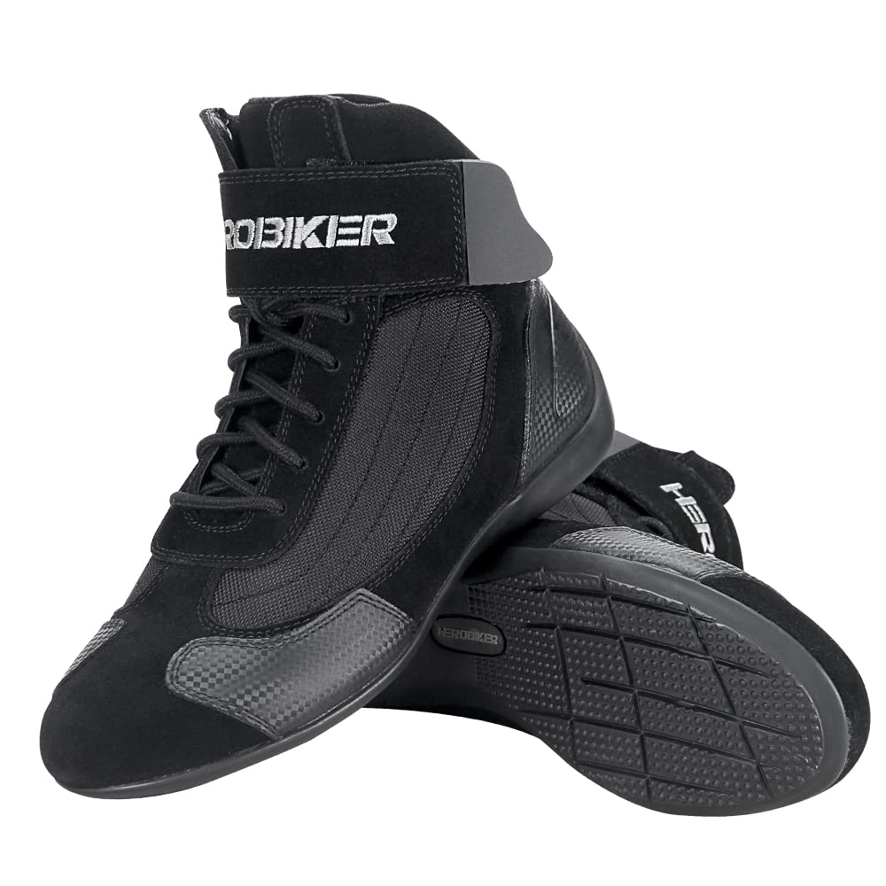 HEROBIKER Men's Motorcycle Combat Boots, Black Suede, Size 10.5, Mid Ankle for Racing, Hiking, and Outdoor Work