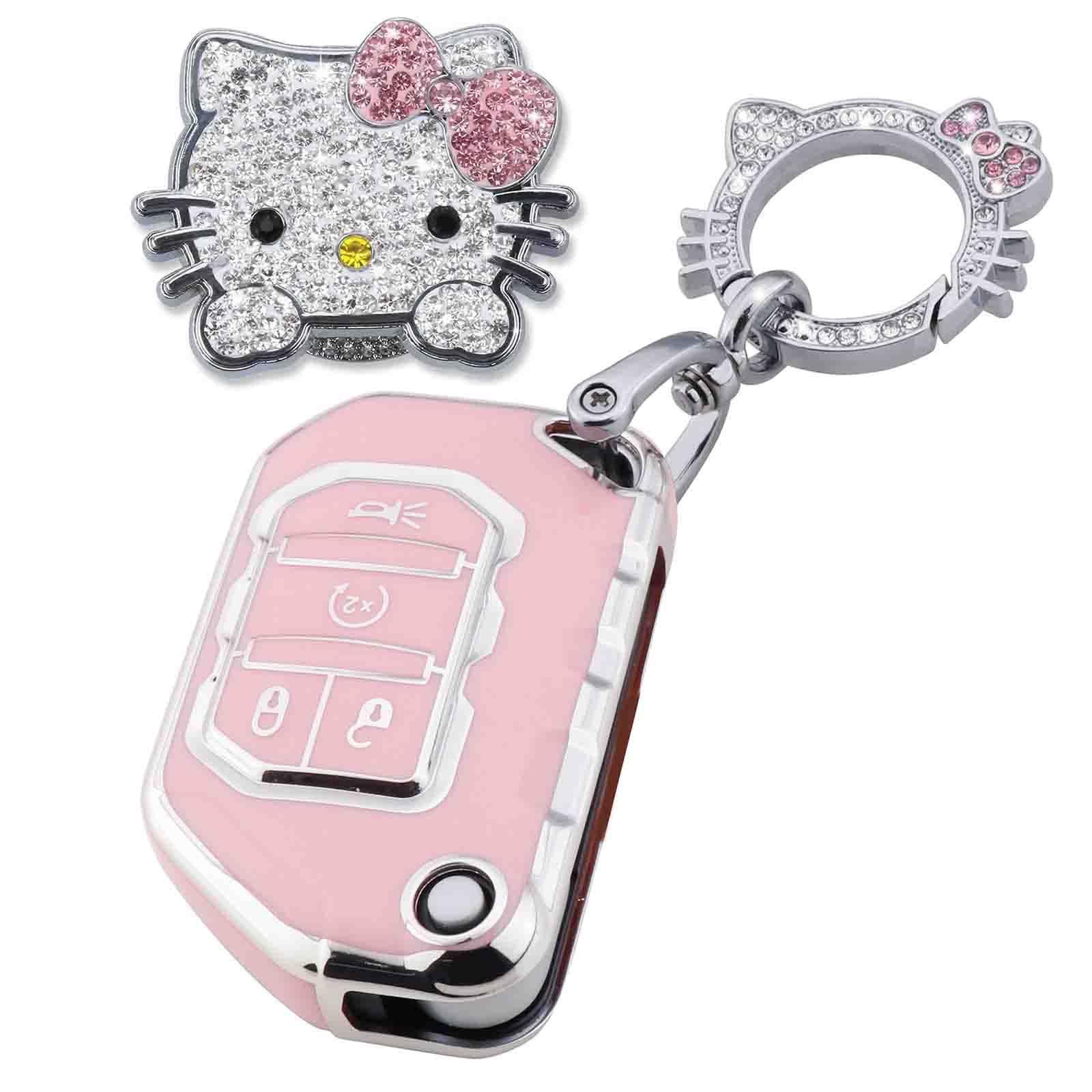 Pangpai Pink Car Accessories 3 Pcs For 2018-2022 Jeep Gladiator Wrangler Sahara Rubicon Key Fob Cover With Bling Keychain Cute P