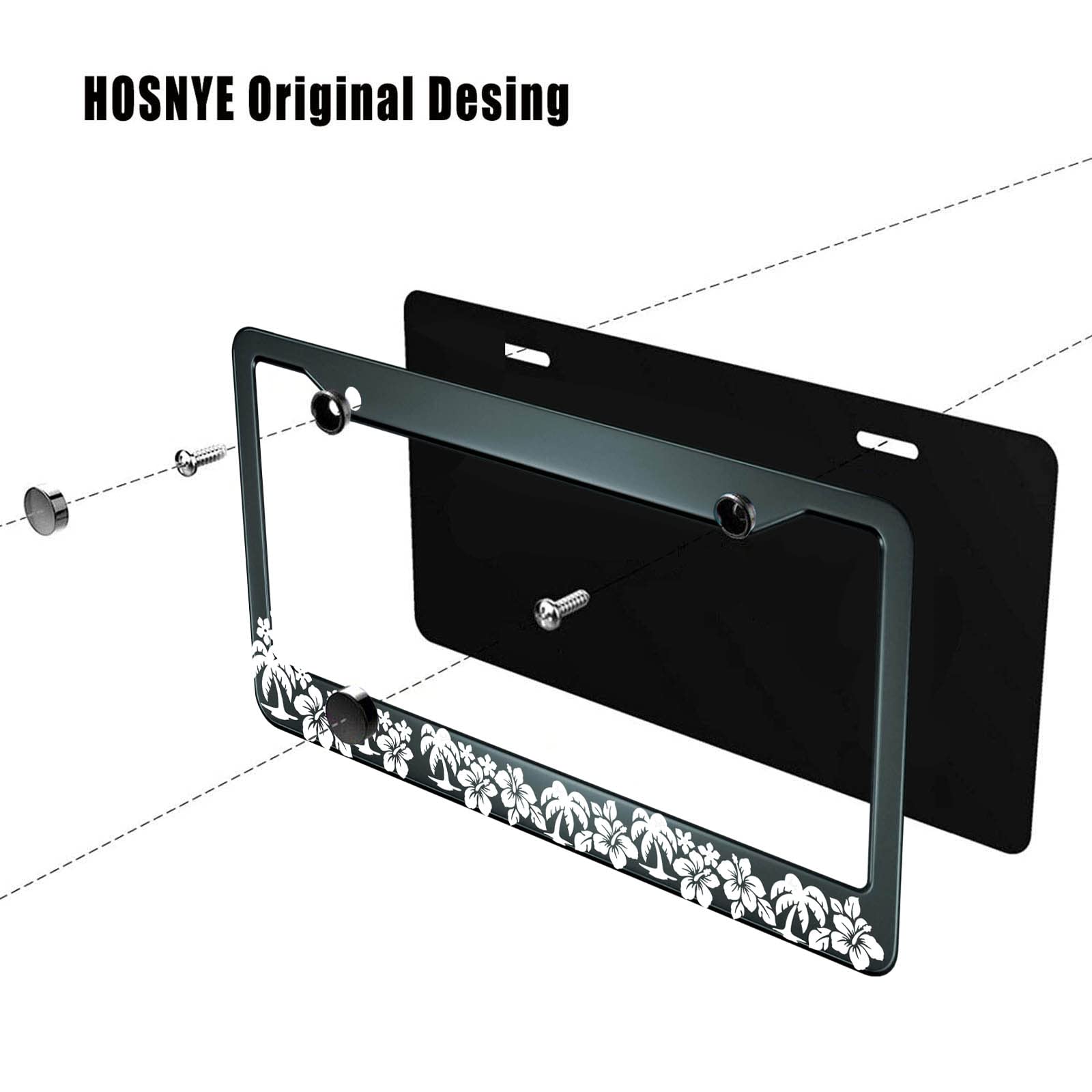 Hosnye Black And White Hibiscus License Plate Frame Metal License Plate Cover Front Plates Frames Car Tag Frame For Women Men Us Vehicles Standard