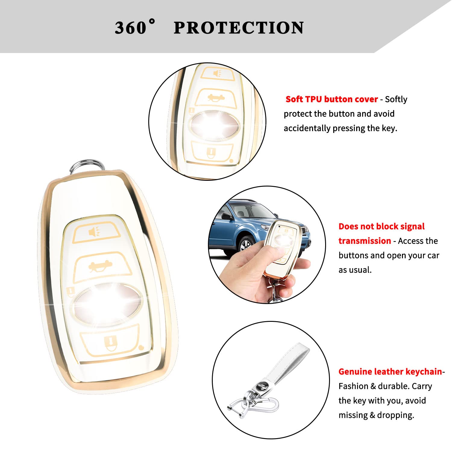 QBUC Leather Key Fob Cover Case for Subaru - White, Small Size, Compatible with Forester, WRX, Outback, Legacy, CrossTrek, Ascent