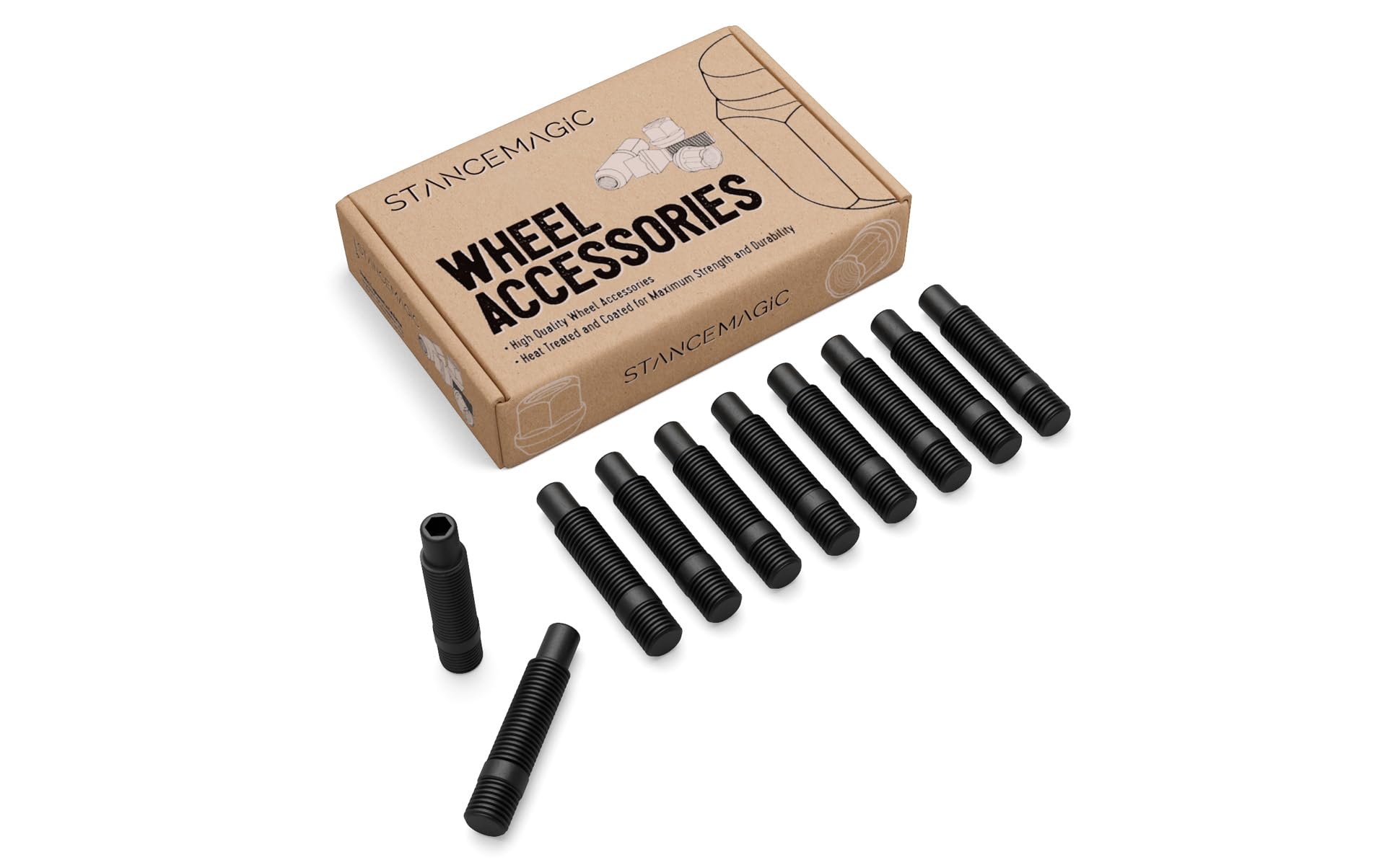 StanceMagic Extended Black Wheel Stud Conversion M12x1.5, 74mm Total Length, 57mm Shank Length, Compatible with BMW Vehicles wit
