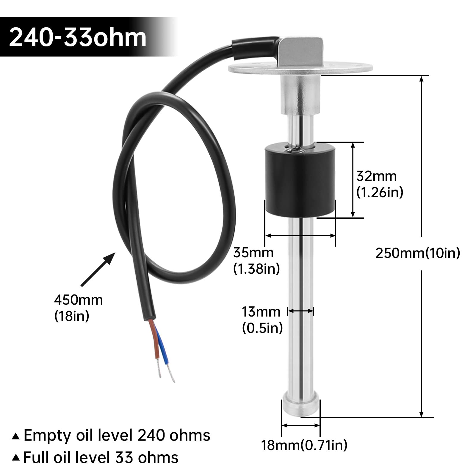 ARTILAURA Fuel Sending Unit and Gauge Kit, 240-33ohms 10'' (250mm) Boat Marine Fuel Tank Sender Stainless Steel Gas Sensor for C