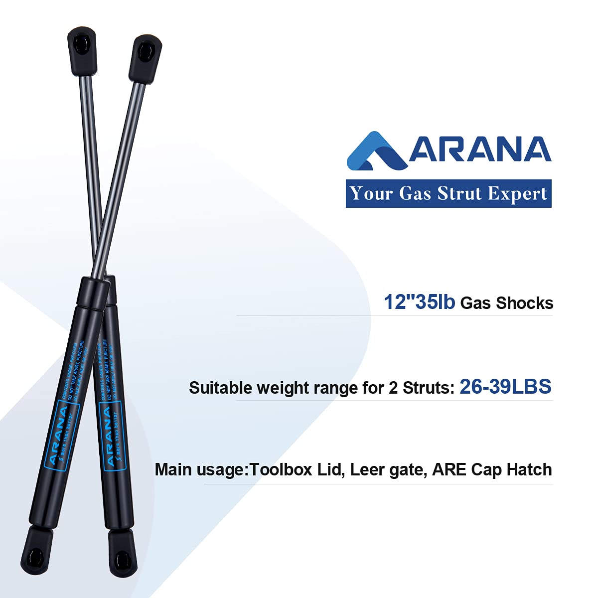 Arana C16-10788 12 Inch 35Lb Gas Struts Spring Shocks C1610788 12 '' 35 Pound Lift Support For Truck Toolbox A.R.E. Camper Shell