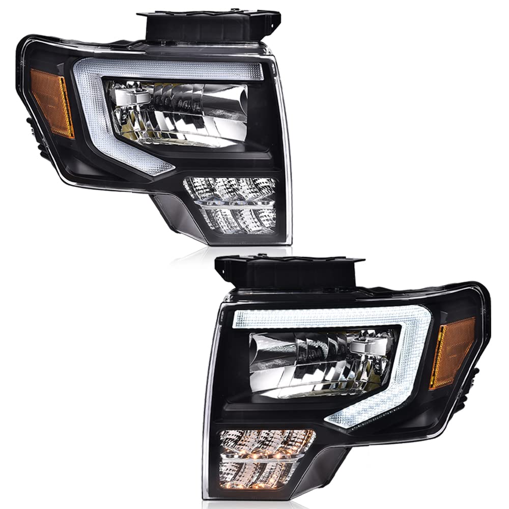 Grand Orange Led Drl Headlight Assembly Compatible With Ford F150 2009-2014 Headlamps Driver & Passenger Side Clear Lens Amber R