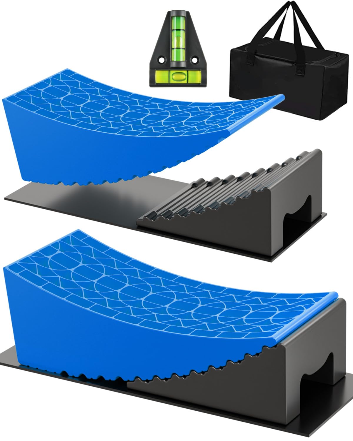 RV Leveling Blocks Ramp Kit, 2 Packs Camper Leveler System for Travel with Two Chocks, 2 Anti-Slip Mats, 1T Bubble Level and Car