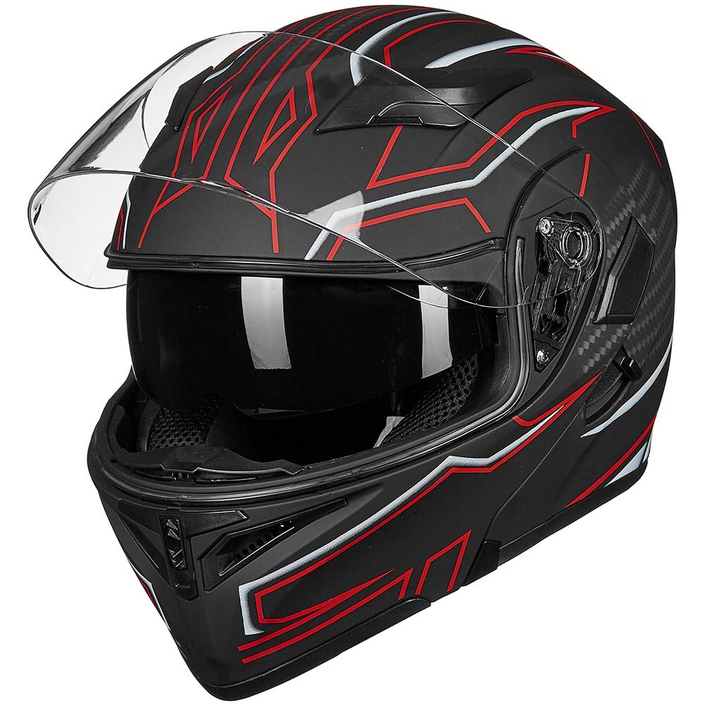 Ilm Motorcycle Dual Visor Flip Up Modular Full Face Helmet Dot Led Light Model 902L (M, Black Red - Led)