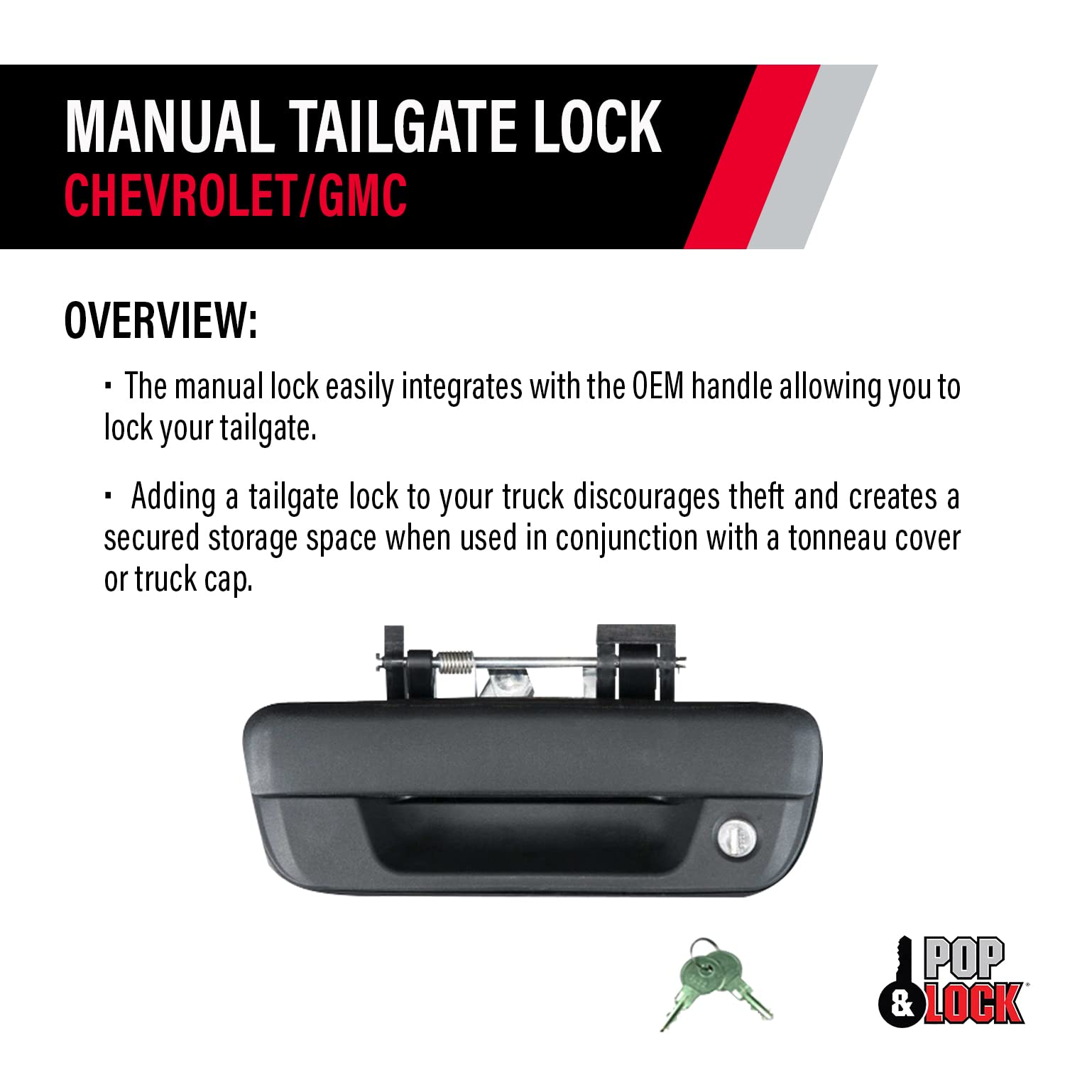 Pop & Lock Tailgate Lock for Chevrolet Colorado & GMC Canyon, Manual, Alloy Steel, Black, Model PL1700, Fits 2004-2015