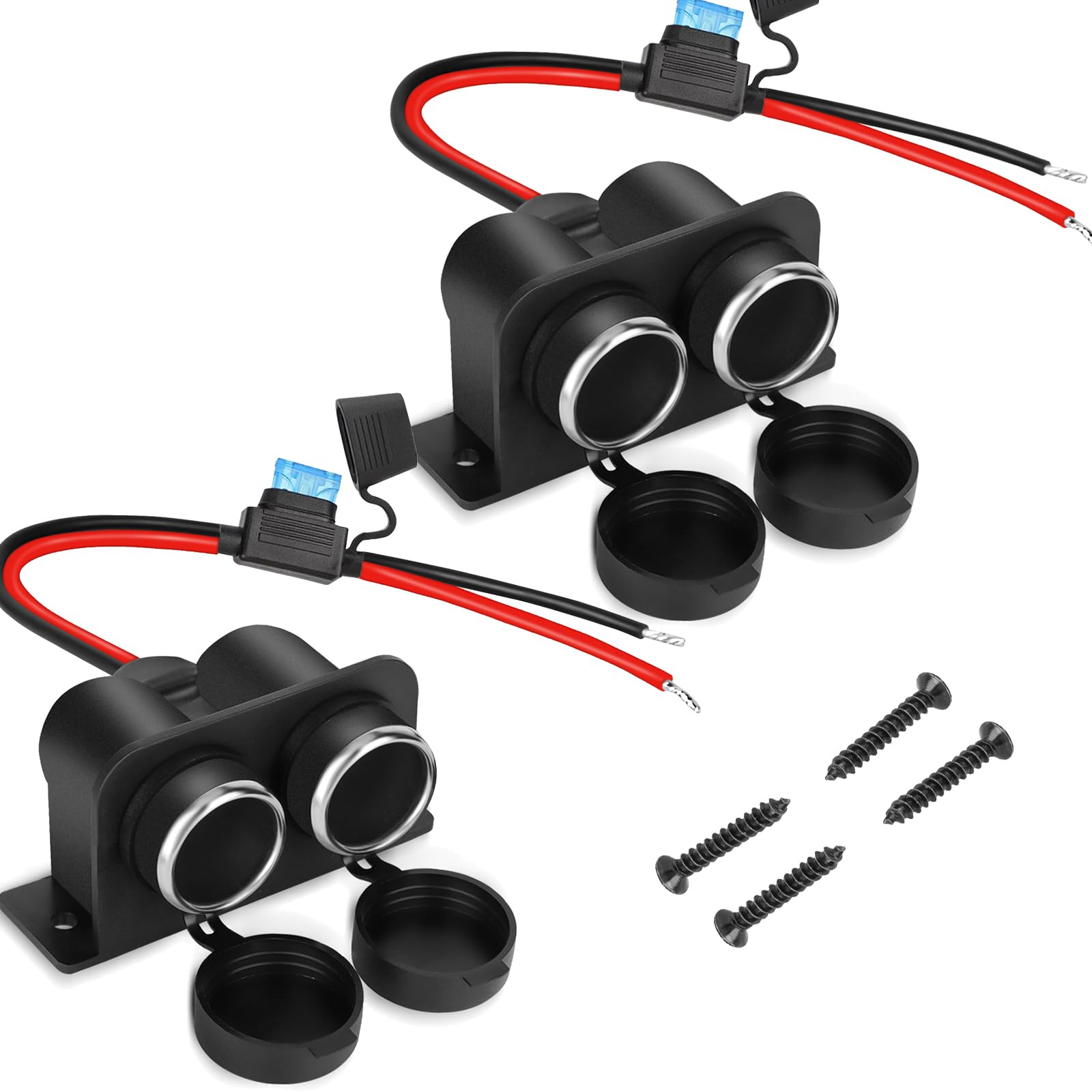 2Pcs Cigarette Lighter Socket With Blade Fuse, 2-Socket Cigarette Lighter Splitter 12V Lighter Power Outlet Replacement Waterpro