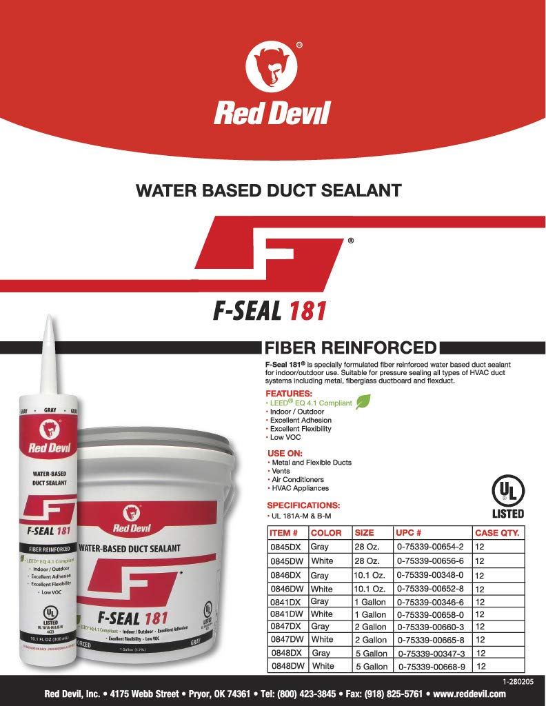 Red Devil F-Seal 181 Fiber Reinforced Duct Sealant, 1 Gallon, White, Model 0841DW, 2 Pack