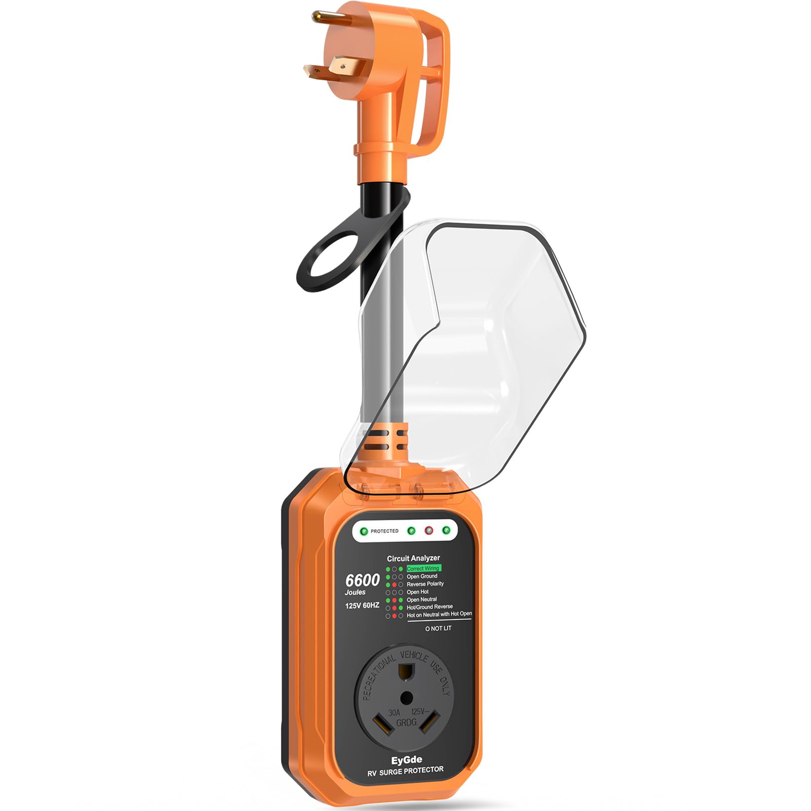 EyGde RV Surge Protector 30 Amp Waterproof, ABS Plastic, Model RV02, Orange, with Circuit Analyzer and Full Electrical Protection