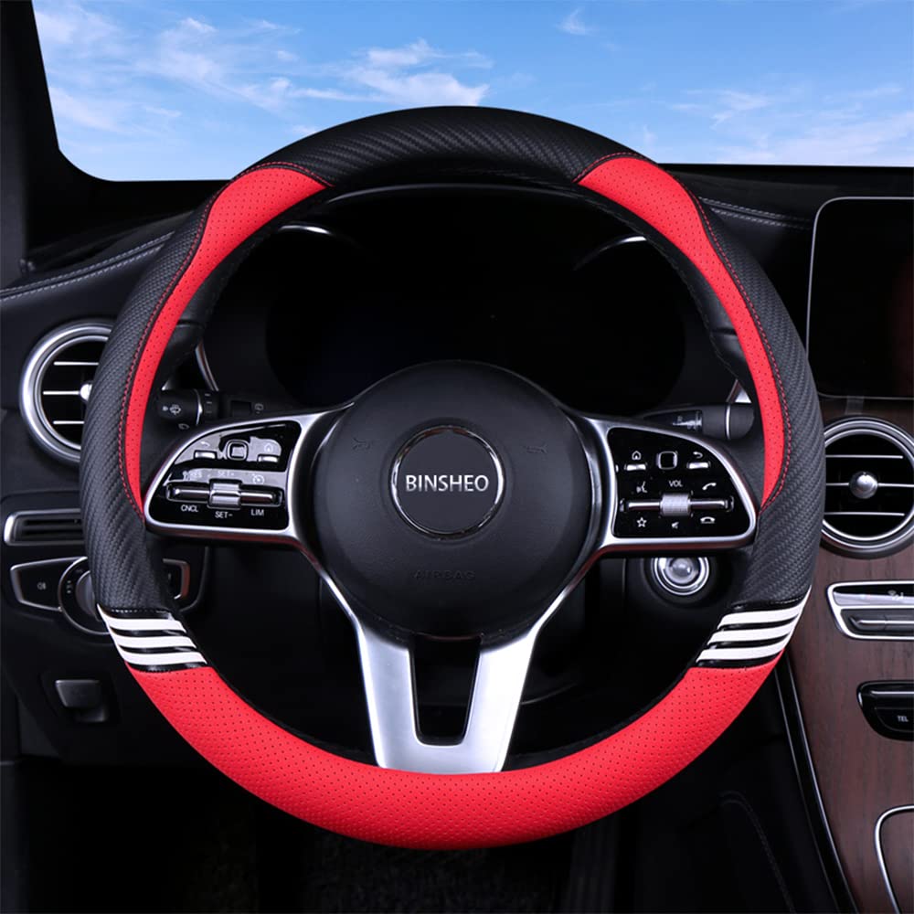 Binsheo Cute Steering Wheel Cover For Girls Women Leather Universal 15 Inch,Black And Red