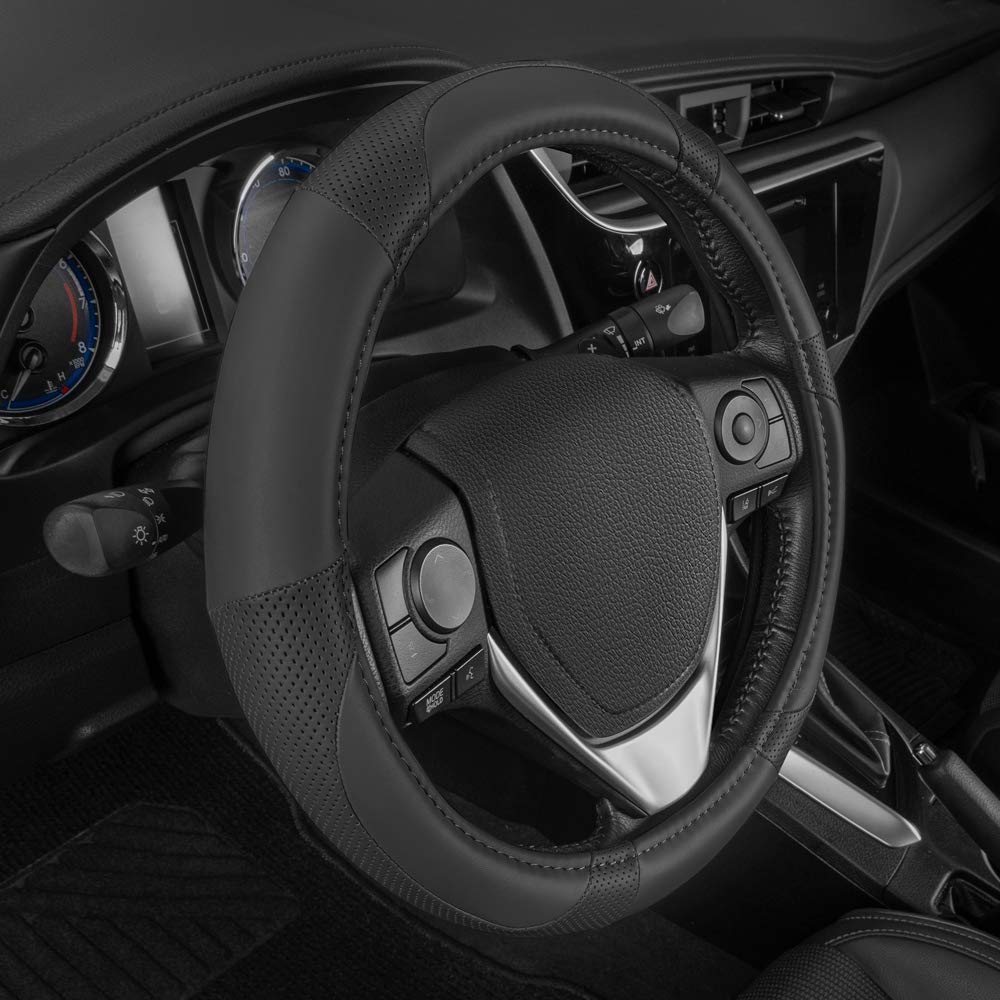 Motor Trend Black Soft Touch Steering Wheel Cover - Perforated Microfiber Leather with Classic Stitching for Sizes 14.5 to 15 in