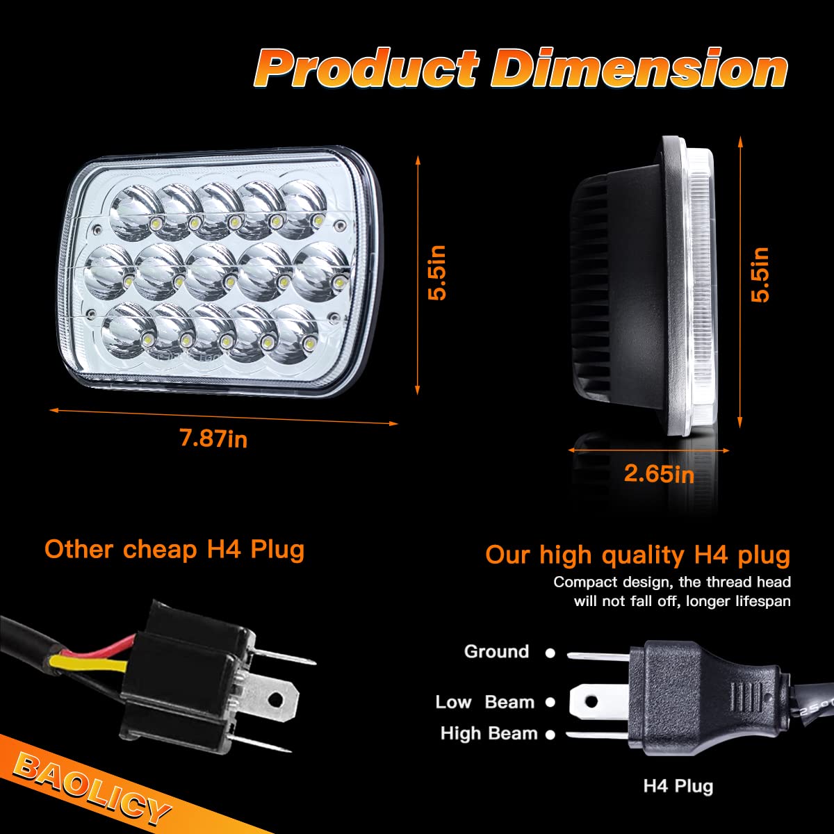Baolicy 5X7 H6054 Led Headlights Dot Approved Hi/Low Sealed Beam 7X6 H6052 6054 H5054 H6054Ll 69822 Rectangular Chrome Headlight