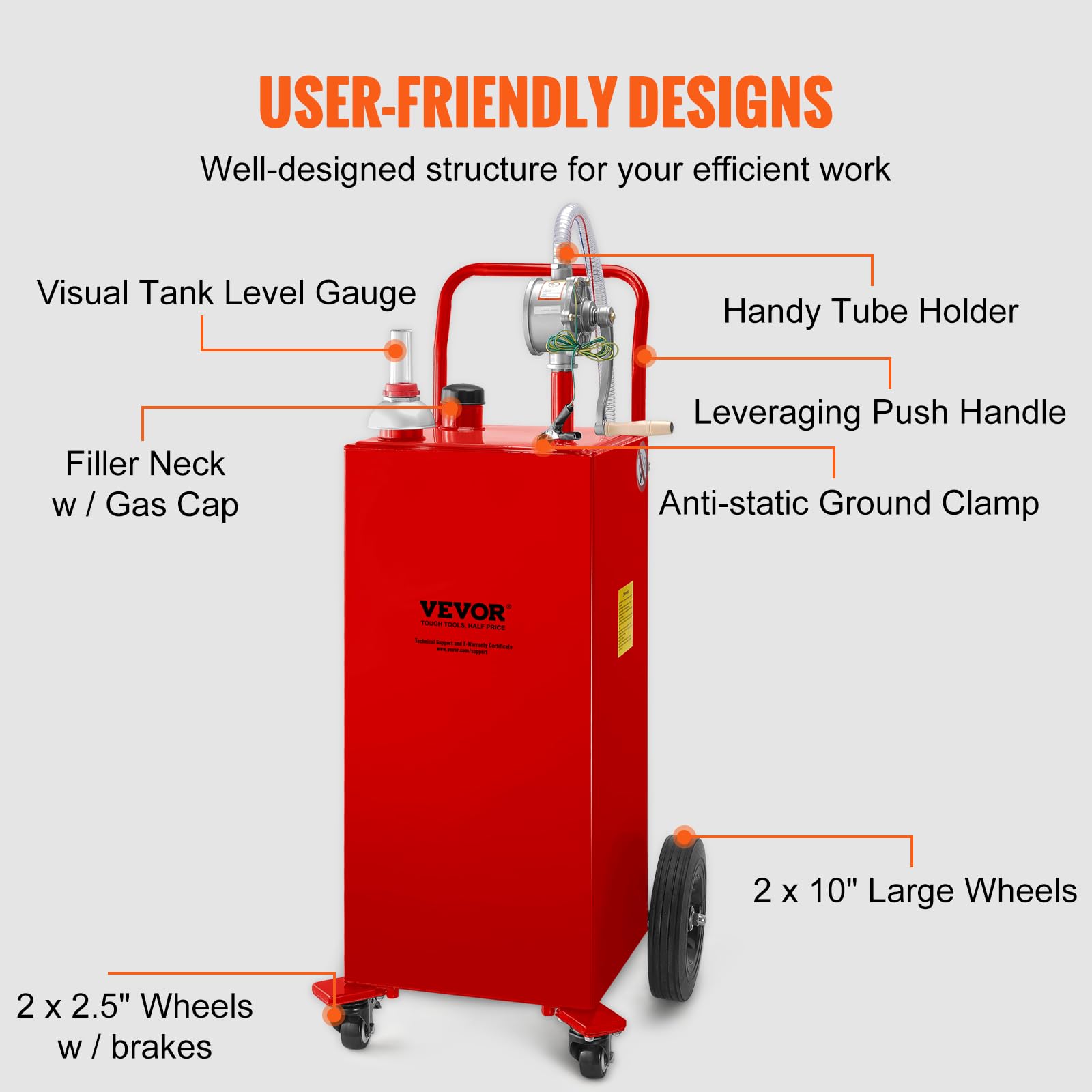 VEVOR 30 Gallon Fuel Caddy - Red Carbon Steel Gasoline & Diesel Storage Tank with Manual Pump for Cars, ATVs, Boats
