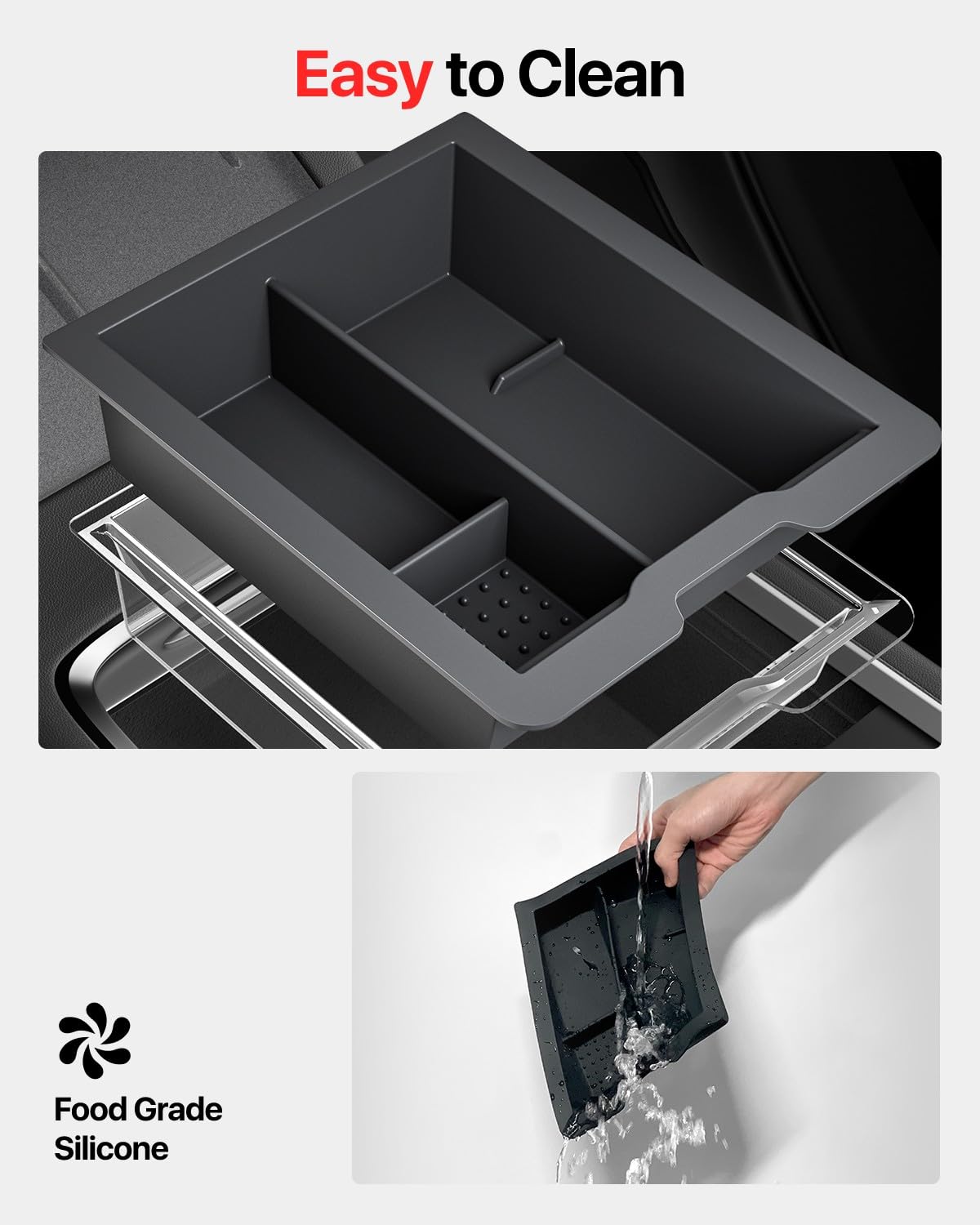 REEVAA Tesla Model Y Center Console Organizer Tray, Premium Silicone, Bumpy Road Friendly, 2020-2025, Stylish Black, 1PCS