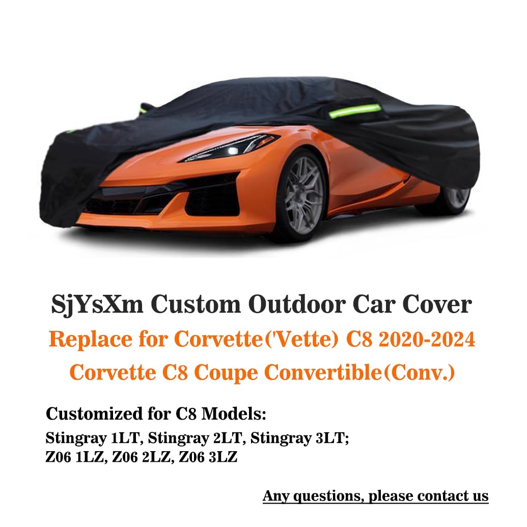 Sjysxm Car Cover Compatible With Chevrolet Corvette C8 2024-2020, Waterproof All Weather Car Cover With Cotton Lining For Corvette C8 Stingray, Outdoor Indoor Custom Car Cover With Reflective Strips