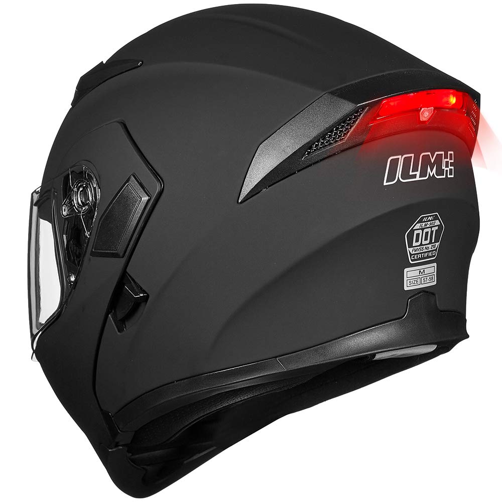 Ilm Motorcycle Dual Visor Flip Up Modular Full Face Helmet Dot Led Light Model 902L (M, Matte Black - Led)