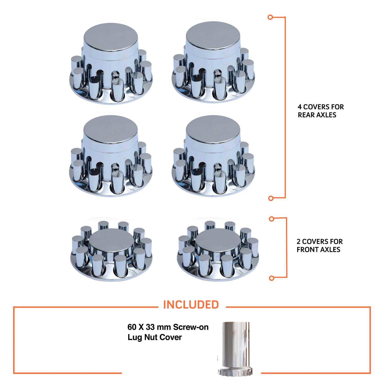 Torque Chrome Front & Rear Axle Wheel Cover Set, 33mm Cylinder Lug Nut Covers, ABS Plastic, Model TR082-TWCS, Installation Tool Included
