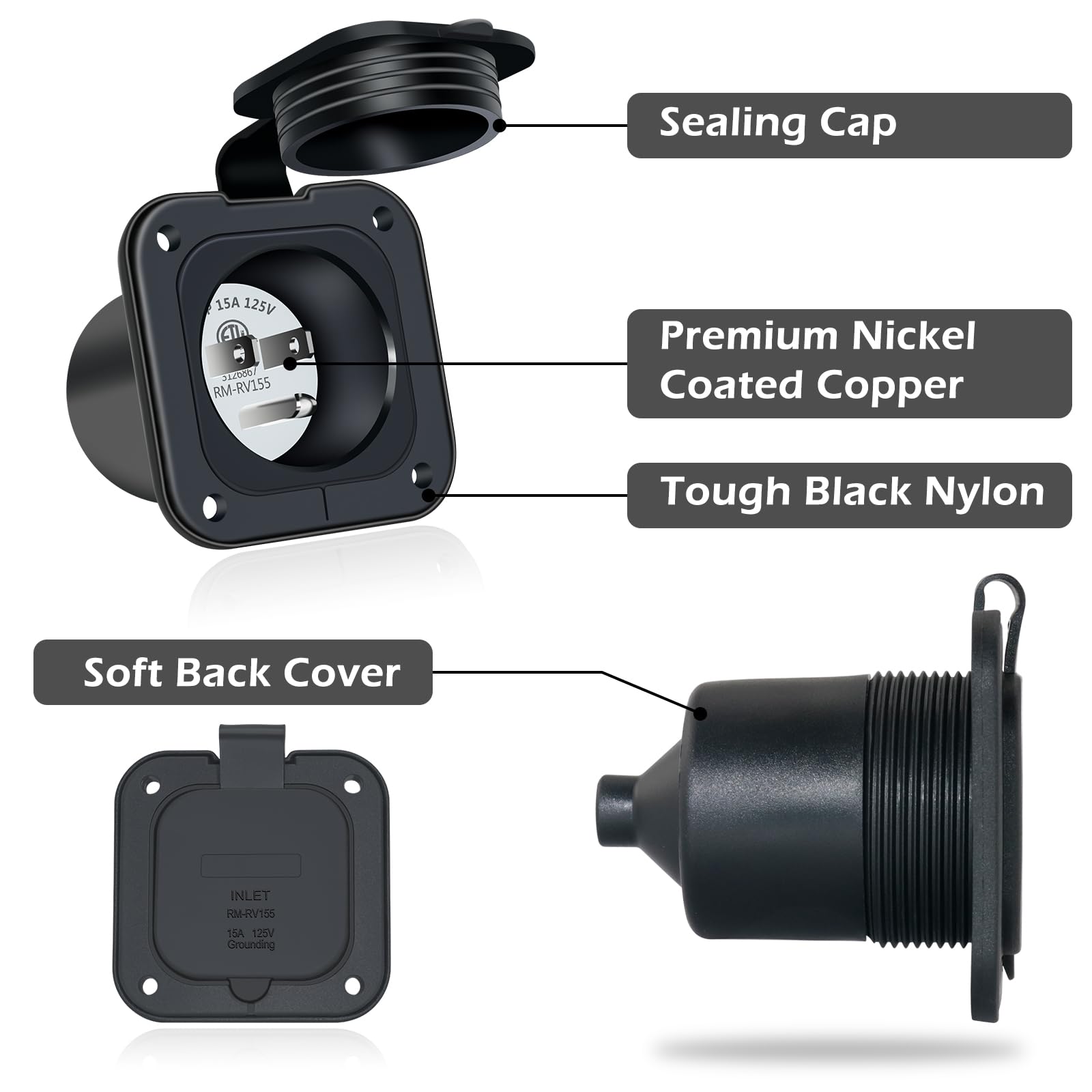 15 Amp Shore Power Inlet, EilxMag 125V Flanged Inlet Power Inlet Port Plug NEMA 5-15P RV Electrical Outlet with Integrated 18''