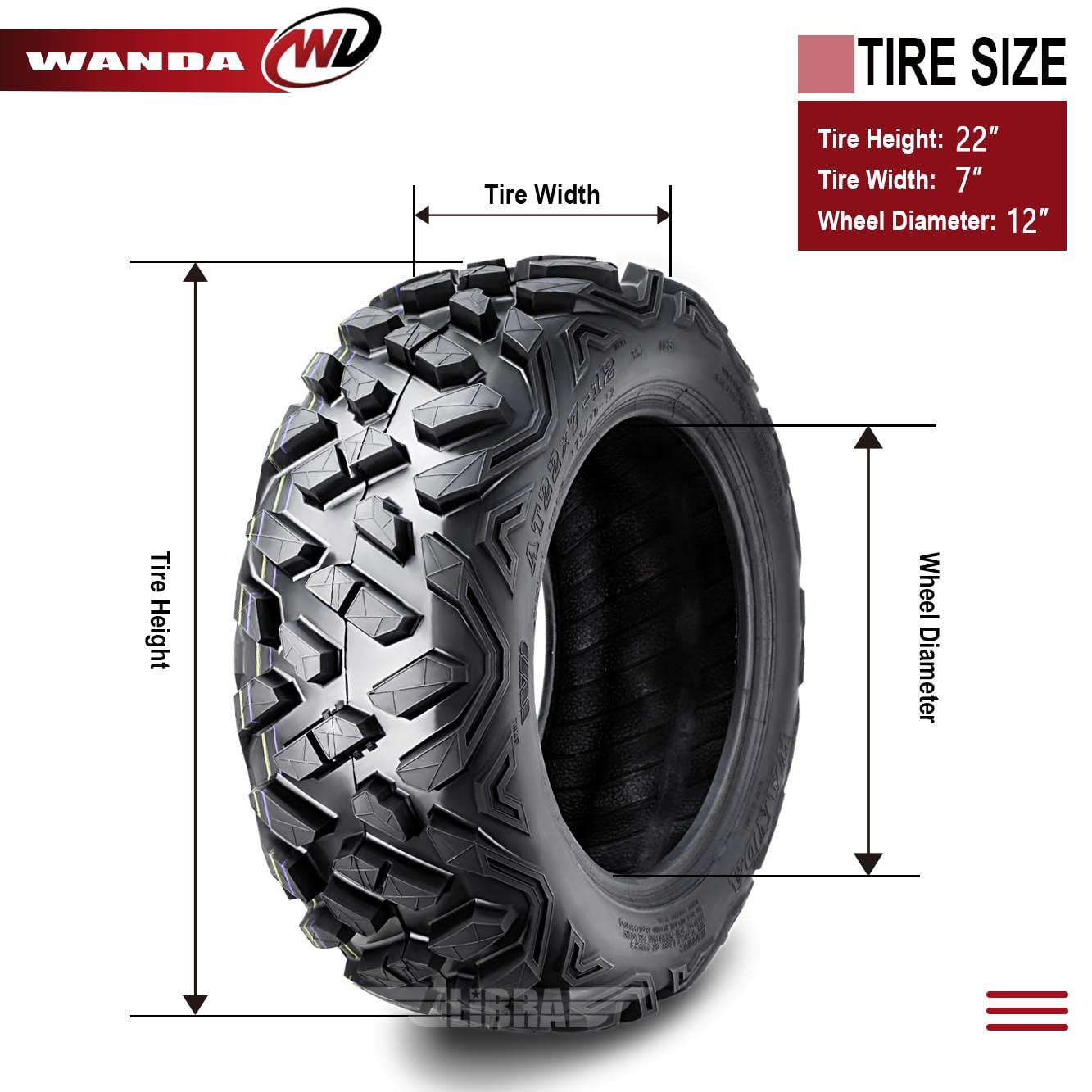 WANDA ATV Tires Set of 2 - Bighorn Style, 22x7-12, 6PR, Model P3501