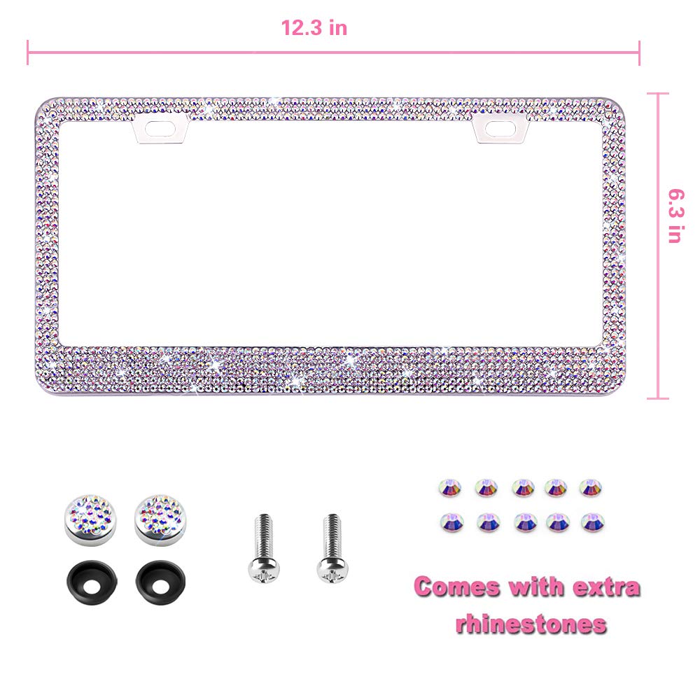 OKLPF Bling License Plate Frame for Women - Sparkly Stainless Steel with 1000+ Faceted Rhinestones, Includes Free Glitter White Diamond Box