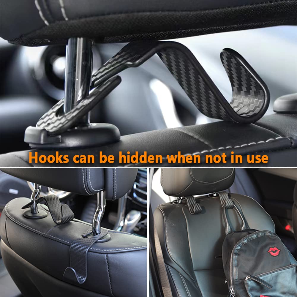 NHHC Utility Car Headrest Hooks - 33lb Capacity, Carbon Fiber, ABS Material - Organizer for Purses, Bags, Coats, & Groceries
