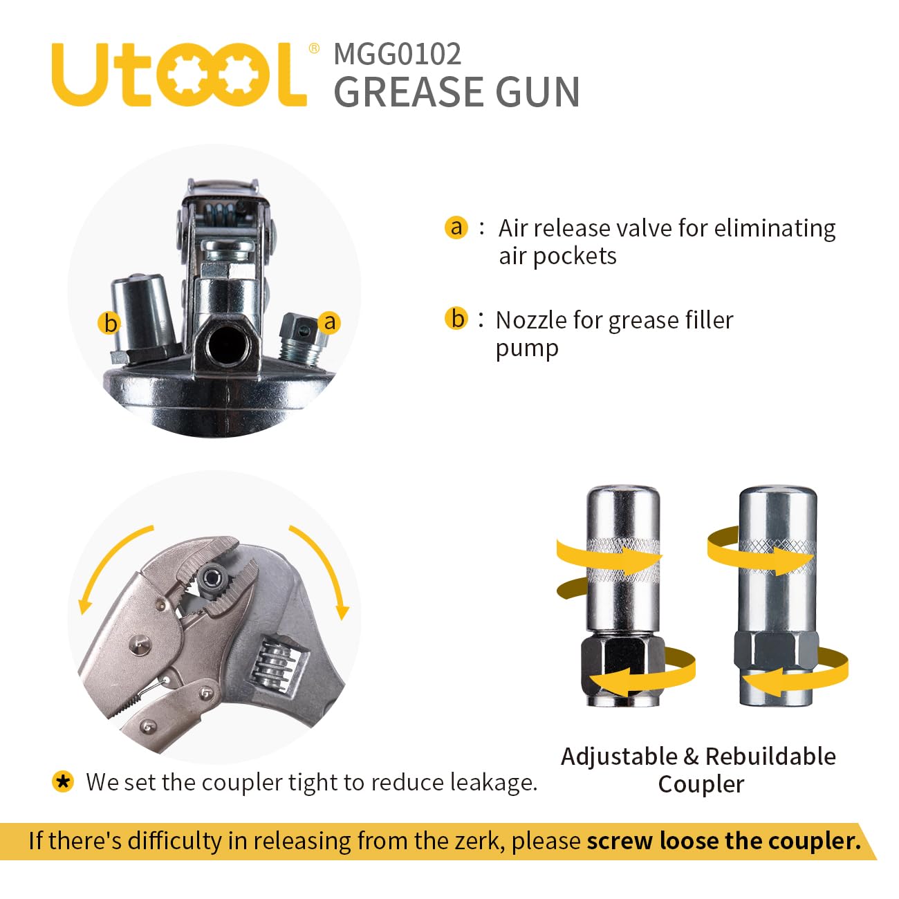 UTOOL Heavy Duty Grease Gun Set, 7000 PSI, 14 oz, Black/Yellow, Includes Flex Hose, Couplers, Rigid Pipe, Sharp Nozzle