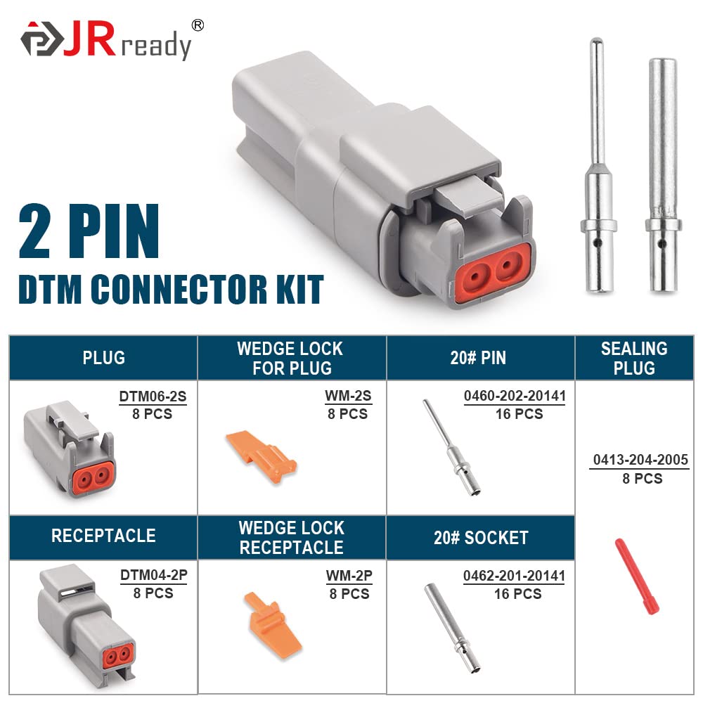 JRready DTM Connector Kit - 2 Pin, 8 Sets, Waterproof for Cars, Trucks, Motorcycles, 20-22AWG Solid Contacts