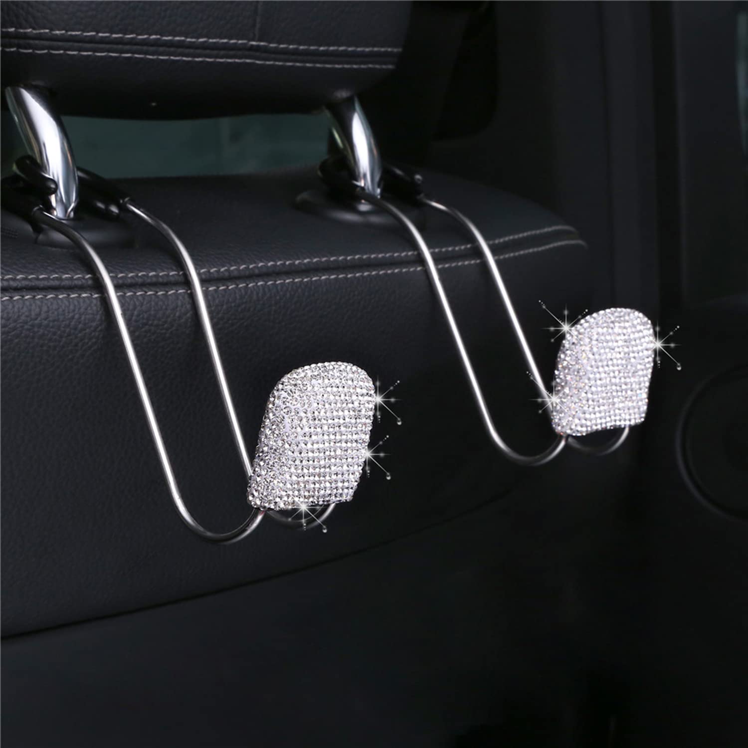 Bling Car Headrest Hook, 2Pcs Auto Headrest Hooks, Bling Car Accessories, Universal Auto Back Seat Headrest Metal Hanger Organizer Vehicle Holder For Bag Purse Clothes Grocery. ( Silver )