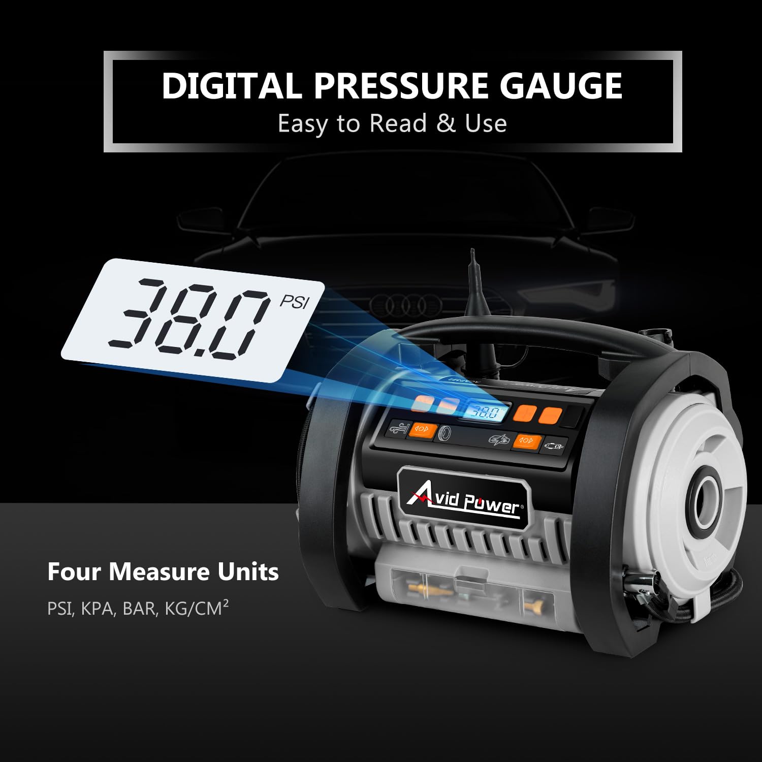 Avid Power Portable Tire Inflator Air Compressor with 20V Battery & 12V Car Adapter - Inflation & Deflation - Grey