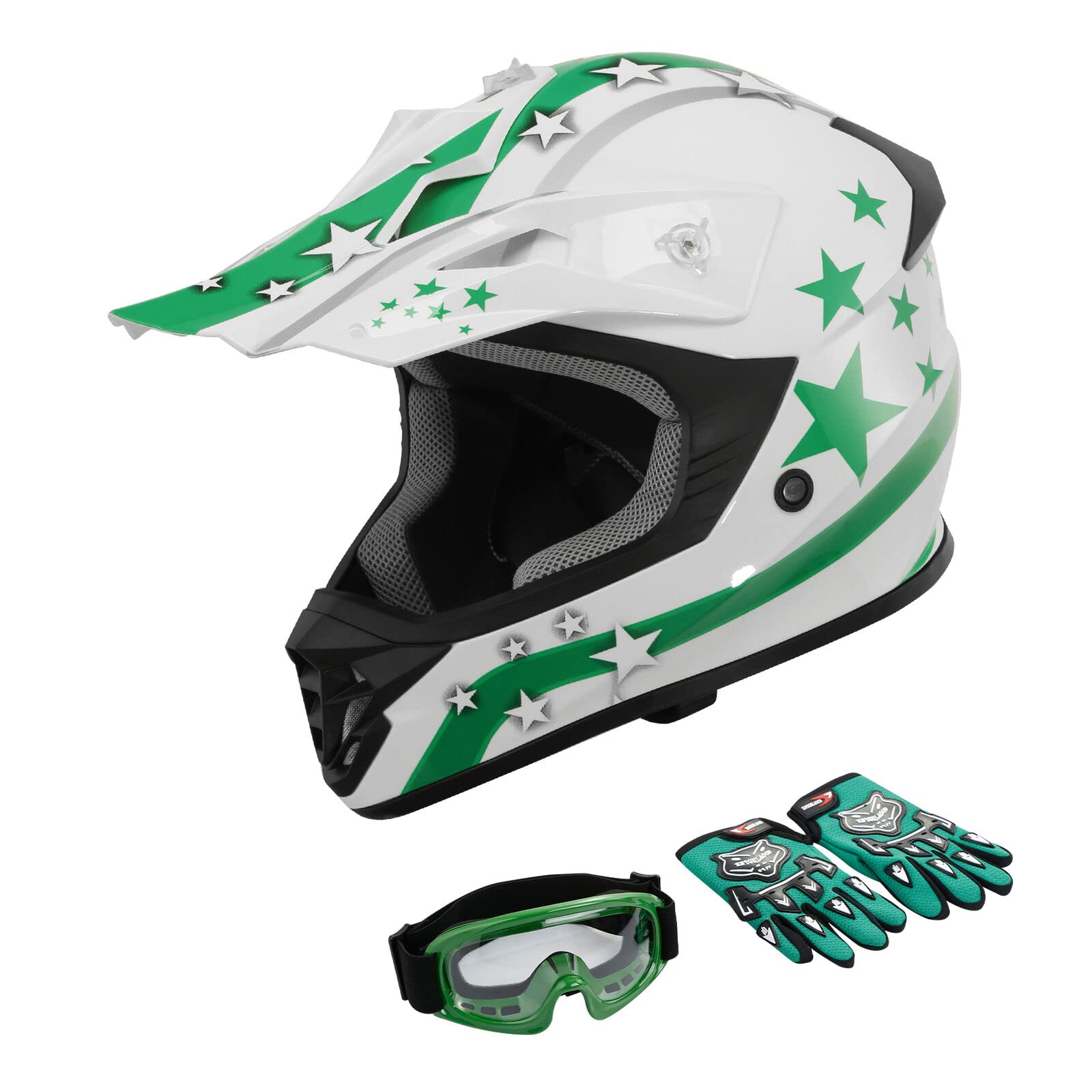 Tct-Motorparts Dot Youth Atv Helmets W/Goggles+Gloves Kids Motocross Offroad Street Dirt Bike Helmet+Gloves+Goggles White W/Green Star Large