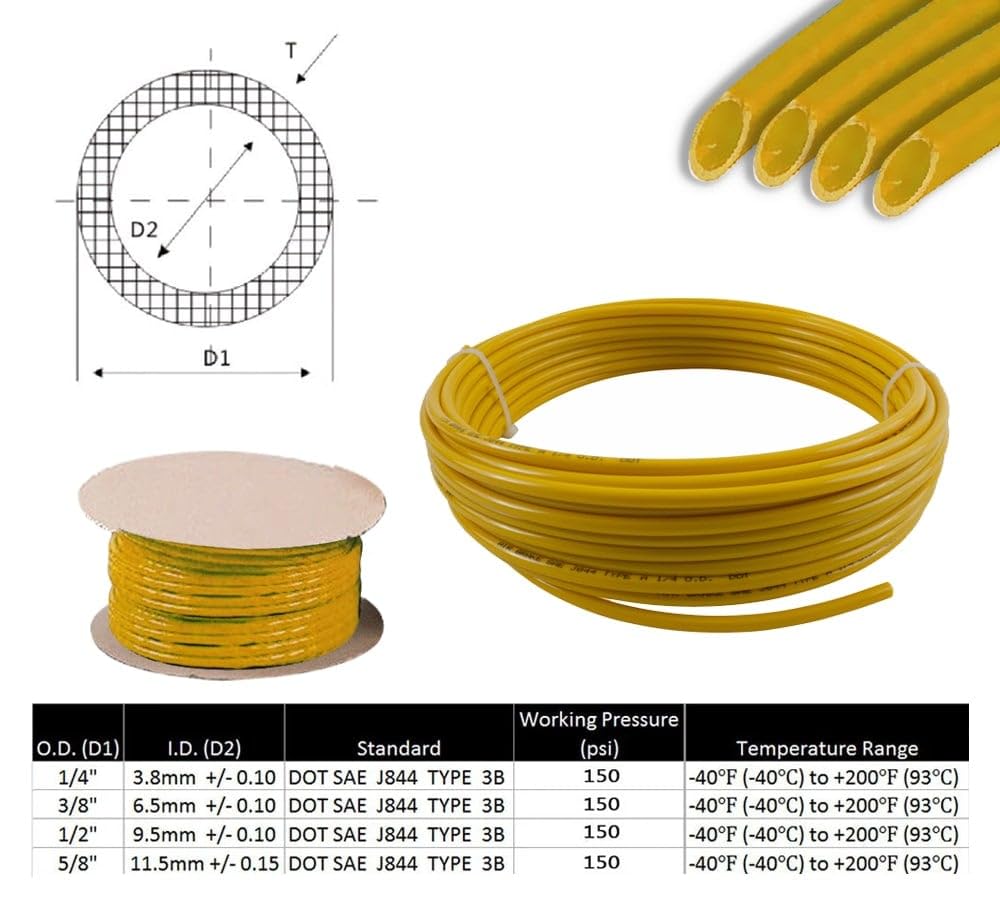 Mytee Products (2 Pack) 1/4'' Od X 100' Yellow Sae J844 Nylon Air Brake Tubing Dot Approved | Pneumatic Nylon Air Line Hose For